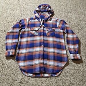 KAVU Shirt Womens Medium Blue Orange Plaid Hooded Flannel Cotton Outdoor Wear